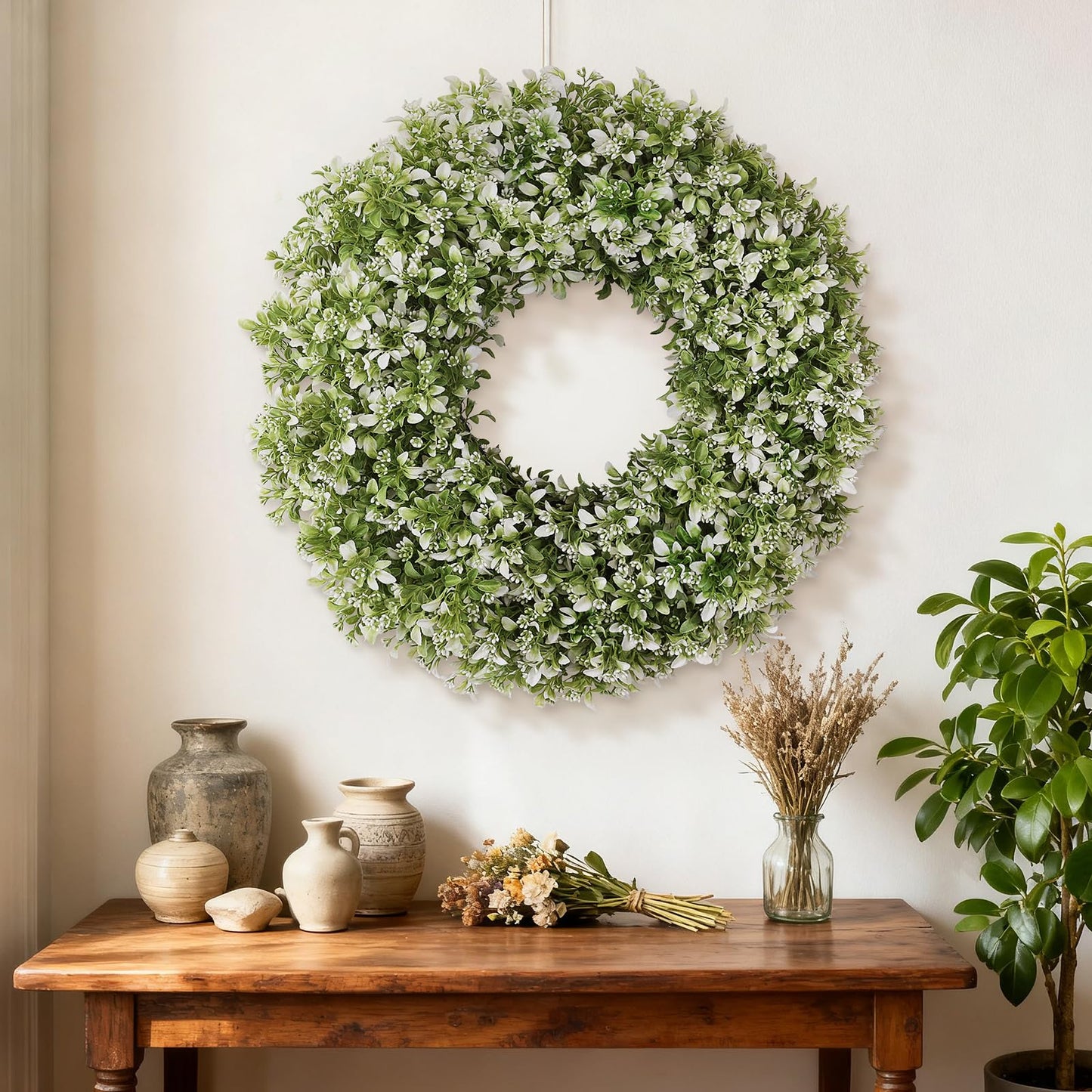 32" Large Artificial Boxwood Wreath for Front Door (White-Green) | Waterproof Fade Resistant,Premium Durable,Faux Aglaia Odorata Wreath,for Wall Window Farmhouse Outdoor All Seasons Decor