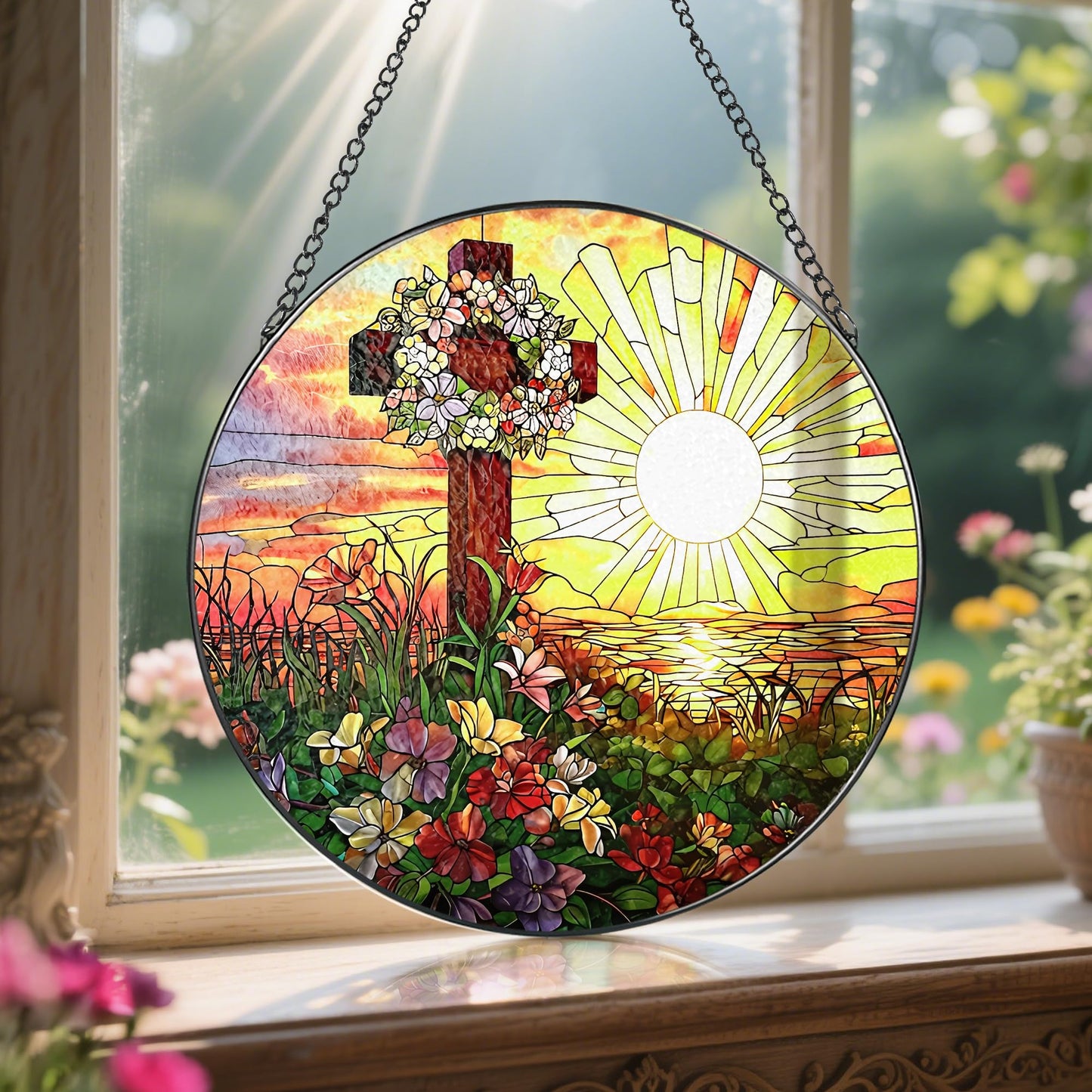 8-Inch Jesus with Cardinals Suncatcher Ornament, Stained Glass Window Hanging & Religious Christmas Ornament, Christian Window Decor — Memorial Gift, Christian Gifts for Her, Religious Gifts