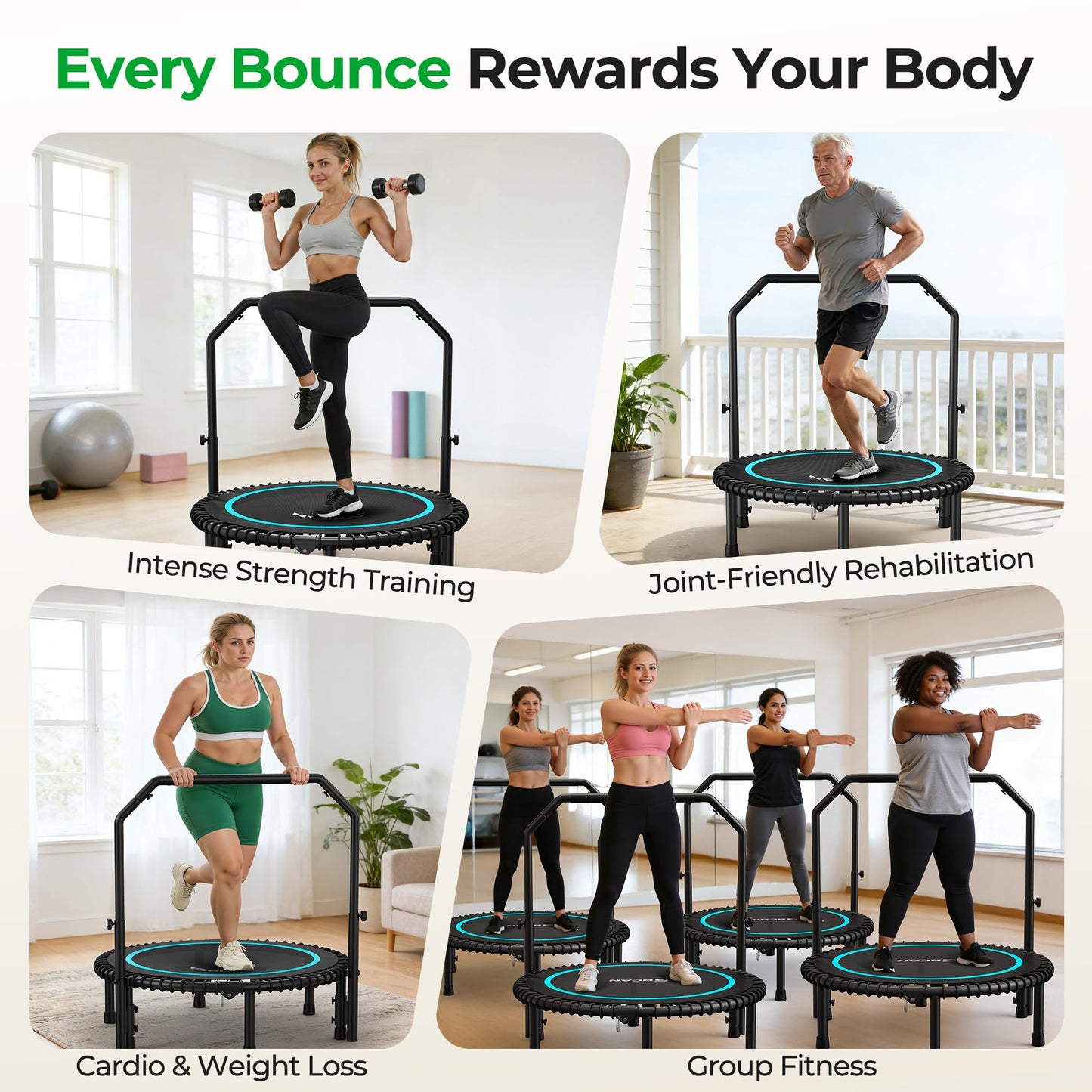 BCAN BT2 450/550LBS Mini Rebounder Trampoline for Adults with Bar, Fitness Trampoline with Bungees, Adjustable Handle, Stable & Quiet, Indoor Outdoor, Whole-Body Workout - 40IN/48IN | FED Fitness