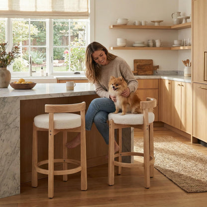 LukeAlon Mid Century Linen Counter Stools Set of 4, Upholstered 26.5” Seat Height Low Barstools with Natural Wood Legs Round Low Back Kitchen Stools with Footrest for Dining Room, Beige