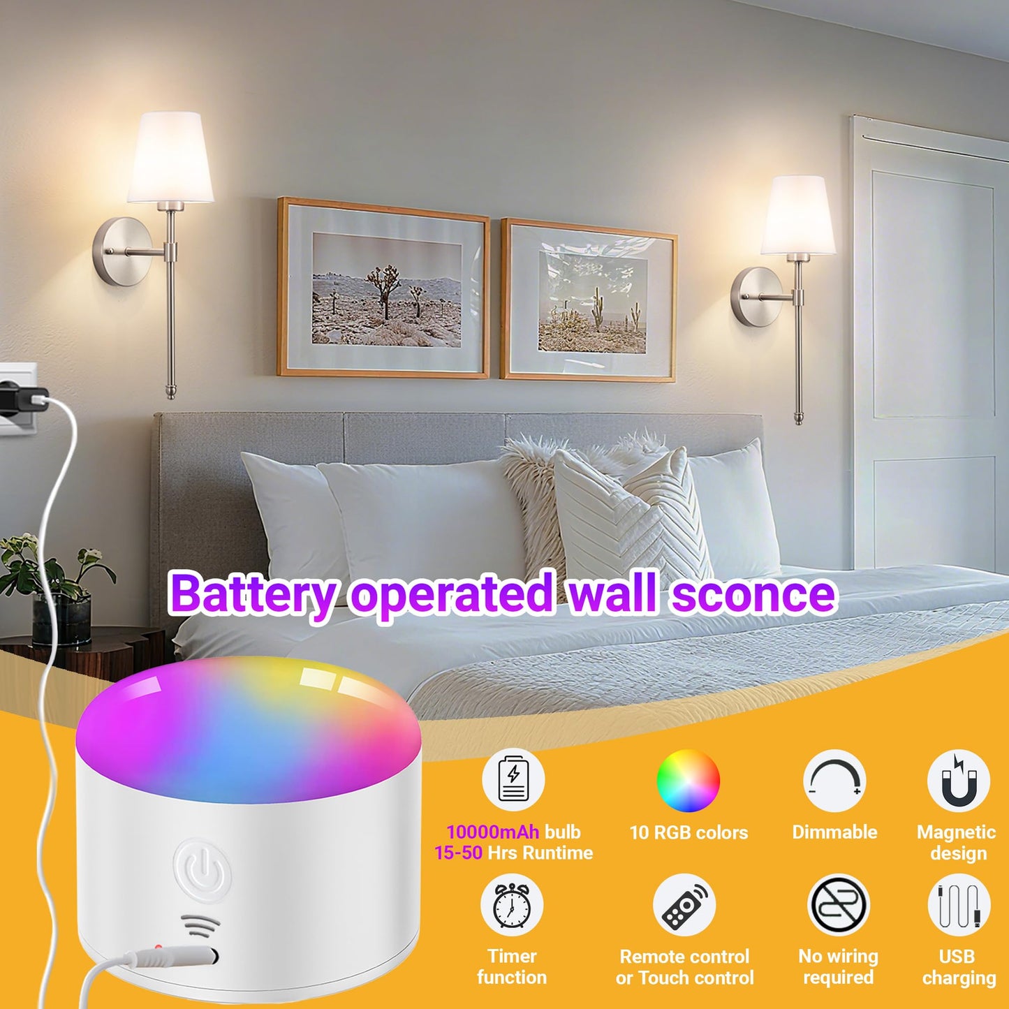 YHCDLAMP Battery Operated Wall Sconce Light with Remote Control, Dimmable Wall Sconce Set of 2 with White Fabric Shade, Wireless Battery Operated Wall Lamp for Bedroom Living Room, Bulb Included