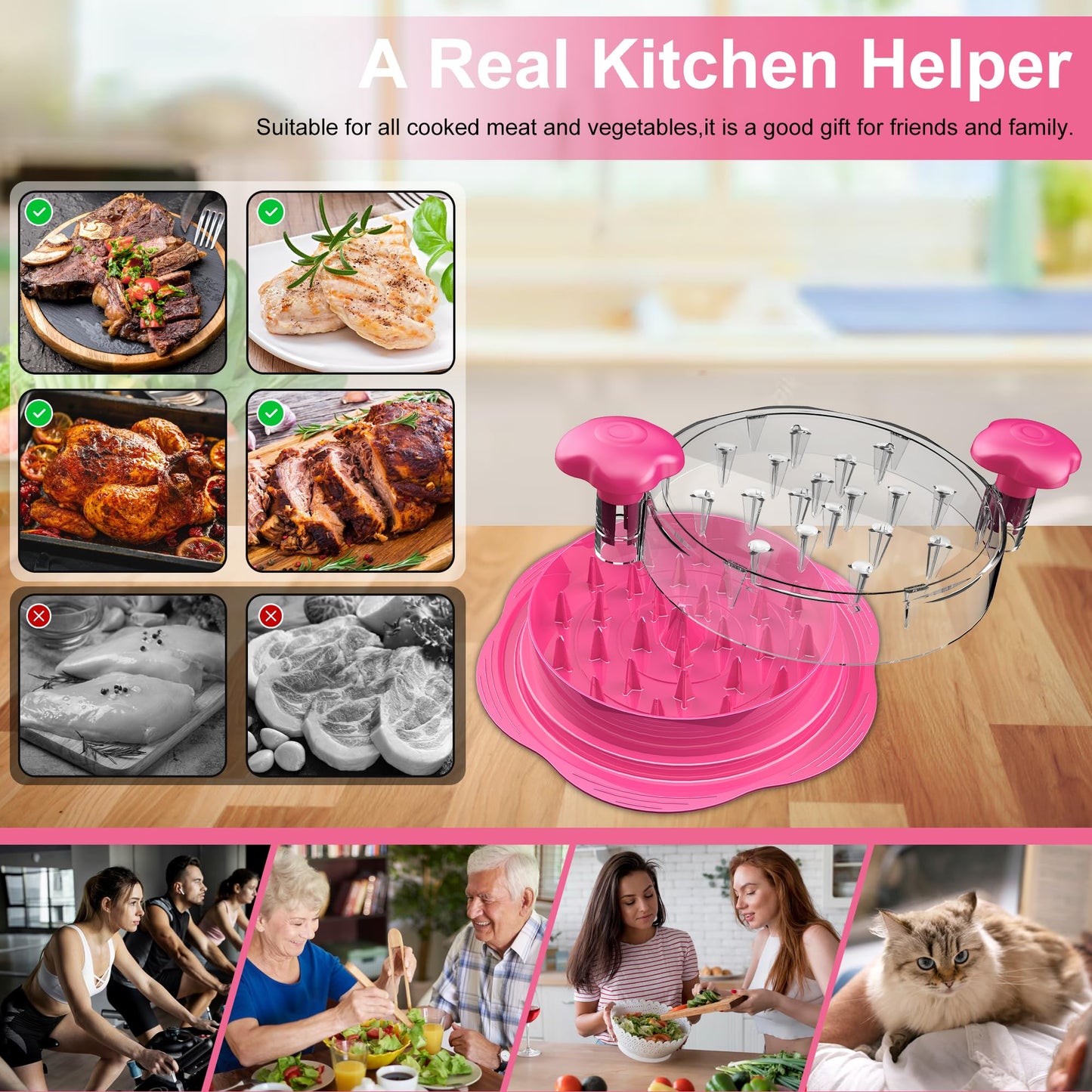 SURETIVIAN Chicken Shredder Tool Twist Large Chicken Breast Shredder with Brush&Fork, Visible Meat Shredder Machine, Anti-Slip Strip, Ergonomic Handle, BPA Free, Pork Beef Chicken(Hot Pink)