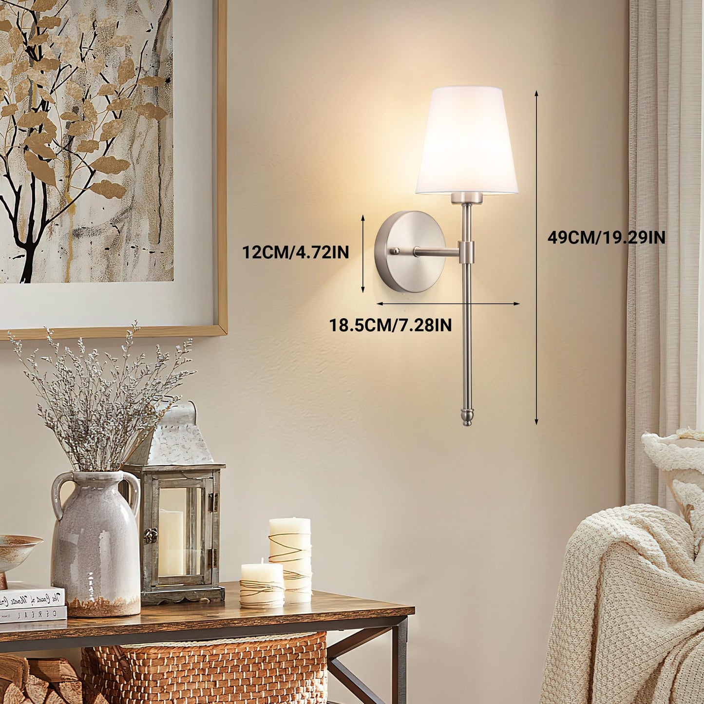 YHCDLAMP Battery Operated Wall Sconce Light with Remote Control, Dimmable Wall Sconce Set of 2 with White Fabric Shade, Wireless Battery Operated Wall Lamp for Bedroom Living Room, Bulb Included