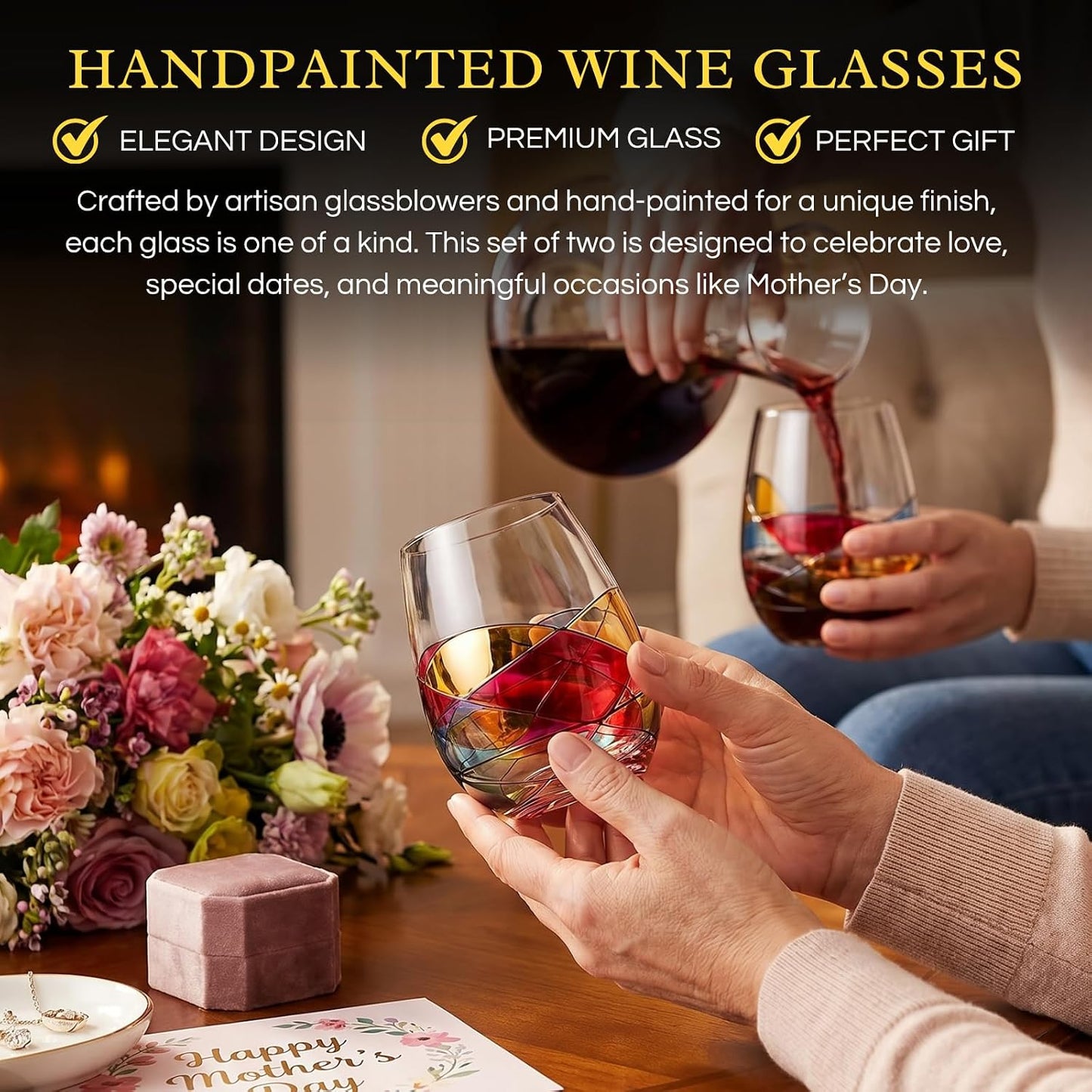 Artisanal Hand Painted Stemless Wine Glasses - Everyday Celebrations, Gift Idea for Wife, Mom, Valentine, Holiday Renaissance Romantic Stain-glassed Windows, 2 Set - Gift Idea Birthday, Housewarming
