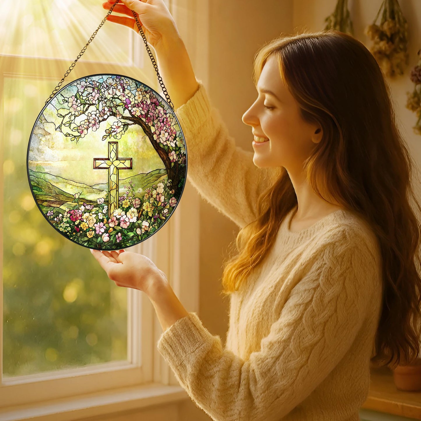 8-Inch Jesus with Cardinals Suncatcher Ornament, Stained Glass Window Hanging & Religious Christmas Ornament, Christian Window Decor — Memorial Gift, Christian Gifts for Her, Religious Gifts