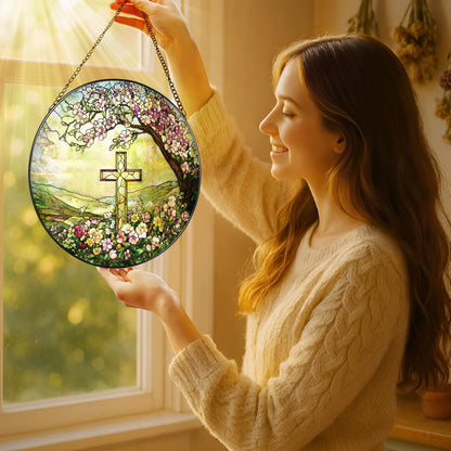 8-Inch Jesus with Cardinals Suncatcher Ornament, Stained Glass Window Hanging & Religious Christmas Ornament, Christian Window Decor — Memorial Gift, Christian Gifts for Her, Religious Gifts