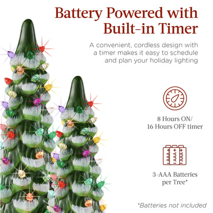 Best Choice Products Set of 3 Ceramic Christmas Trees, Pre-Lit Hand-Painted Tabletop Holiday Decoration w/Multicolor Bulbs, LED Lights – Green