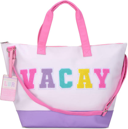 iscream 23.5" x 16" Weekender Travel Tote Bag with Faux Leather Exterior, Chenille VACAY Applique and Luggage Tag