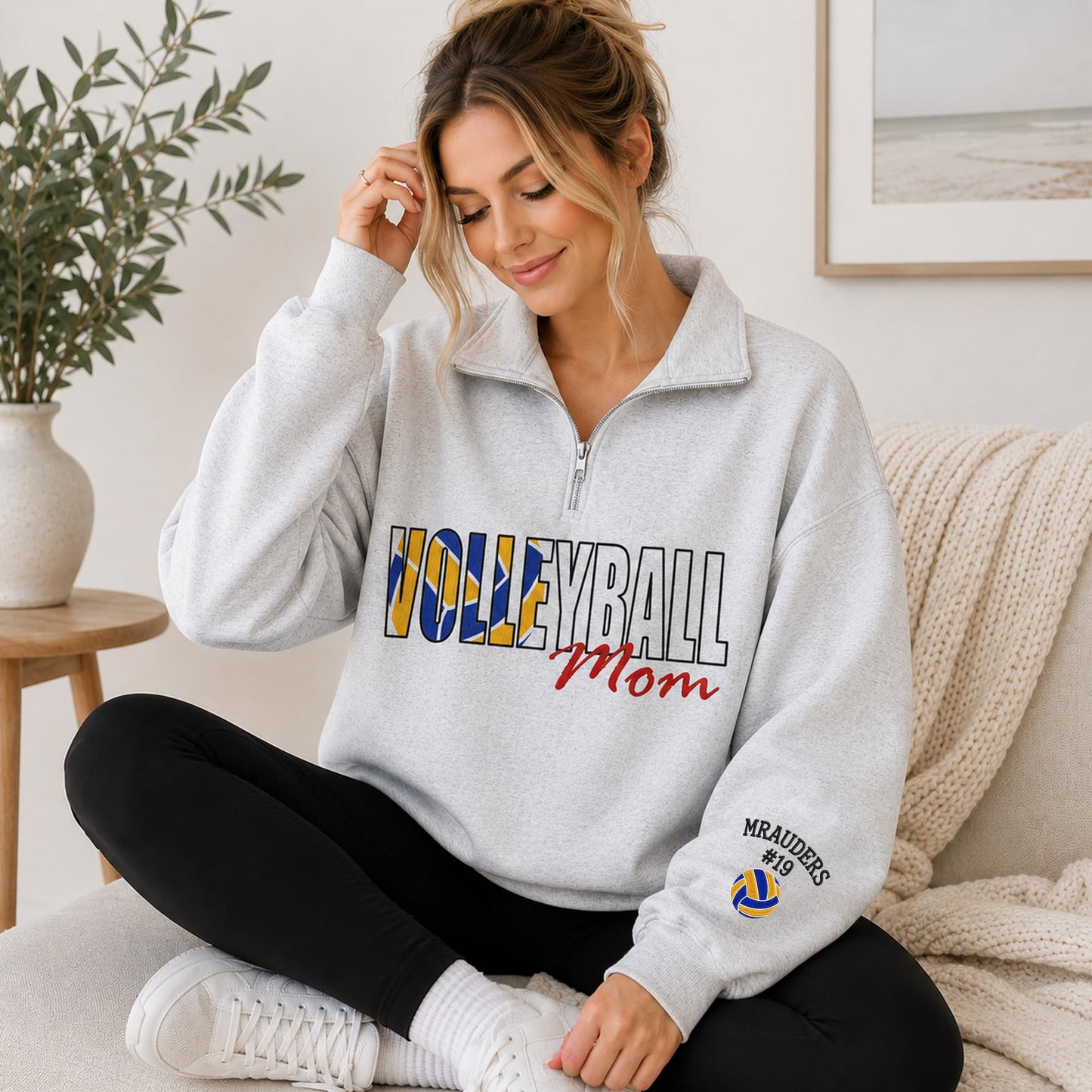 NAZENTI Personalized Sports Mom Quarter Zip Sweatshirt, Football Volleyball Soccer Mom Pullover, Gifts For Mama Grandma