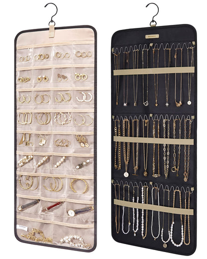 BAGSMART Hanging Jewelry Organizer Storage Roll with Hanger Metal Hooks Double-Sided Jewelry Holder for Earrings, Necklaces, Rings on Closet, Wall, Door, 1 piece, Medium, Pink