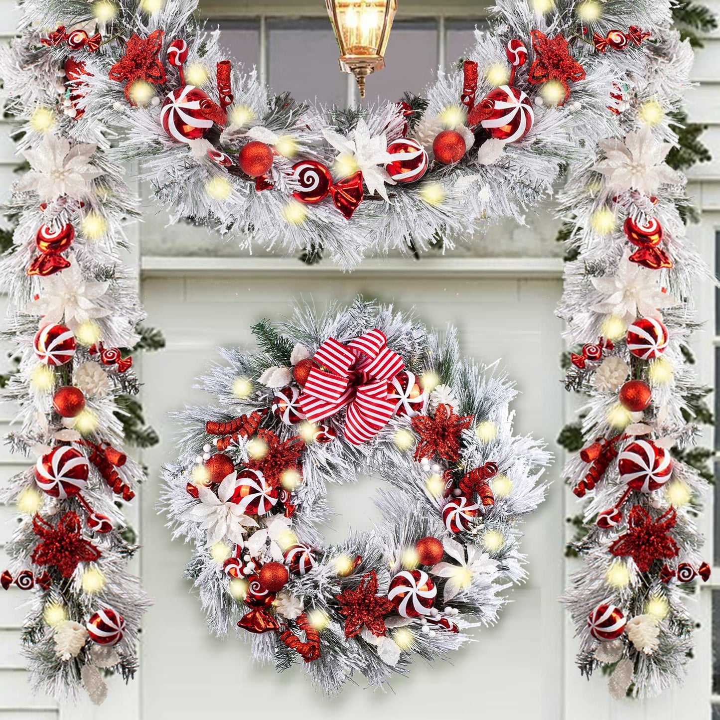 WANNA-CUL Pre-lit 9Feet /108 Inch Christmas Garland with Lights for Front Door, Red Gold Ligthed Christmas Mantel Garland Decoration with Ball Ornaments, Battery Operated 50 LED