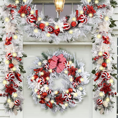 WANNA-CUL Pre-lit 9Feet /108 Inch Christmas Garland with Lights for Front Door, Red Gold Ligthed Christmas Mantel Garland Decoration with Ball Ornaments, Battery Operated 50 LED