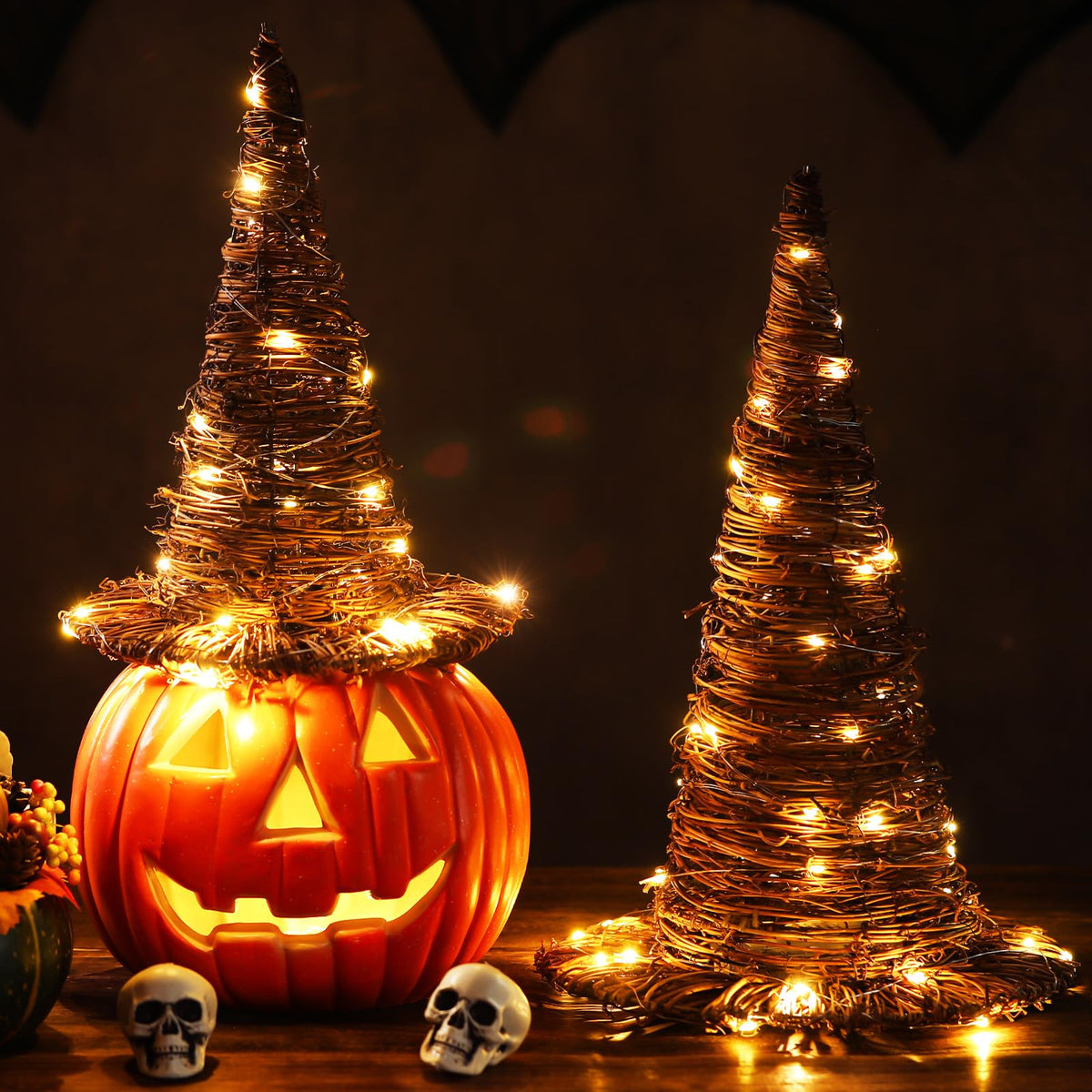 Leinuosen 2 Pcs Halloween Rattan Witch Hat Decor with String Lights Wicker Wizard Hats Woven Witch Hat for Indoor Outdoor Halloween Party Supplies Home Bedroom Garden Patio Backyard Decoration