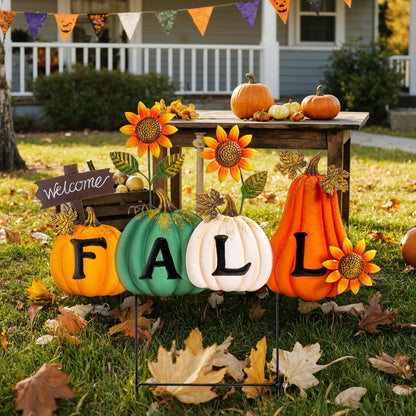 Lanpn Fall Garden Stakes Decorative, 3 Stacked Pumpkin Truck Waterproof Metal Yard Signs 2ft for Home Lawn Patio Porch Autumn Thanksgiving Harvest Season Outdoor Decor (Style 01, 11.4 x 29.9 inch)