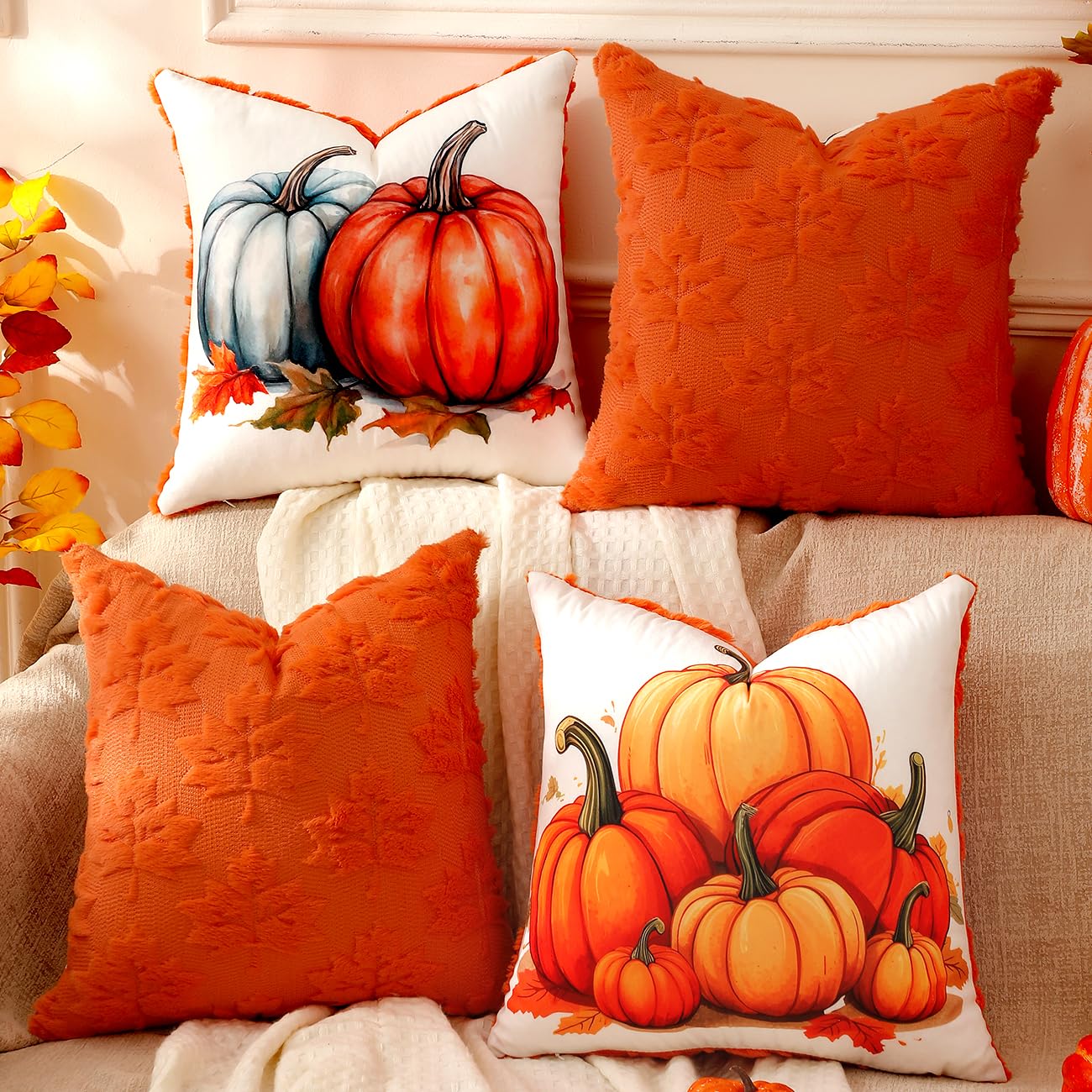 TOYPOPOR Halloween Decorations, 2 Packs Double Sided Ghost Pillow Covers, Soft Fur Throw Pillow Cases Indoor outdoor Pumpkin Couch Cushion Case for Fall Autumn Bedroom Living Room Home Decor 18''x18''