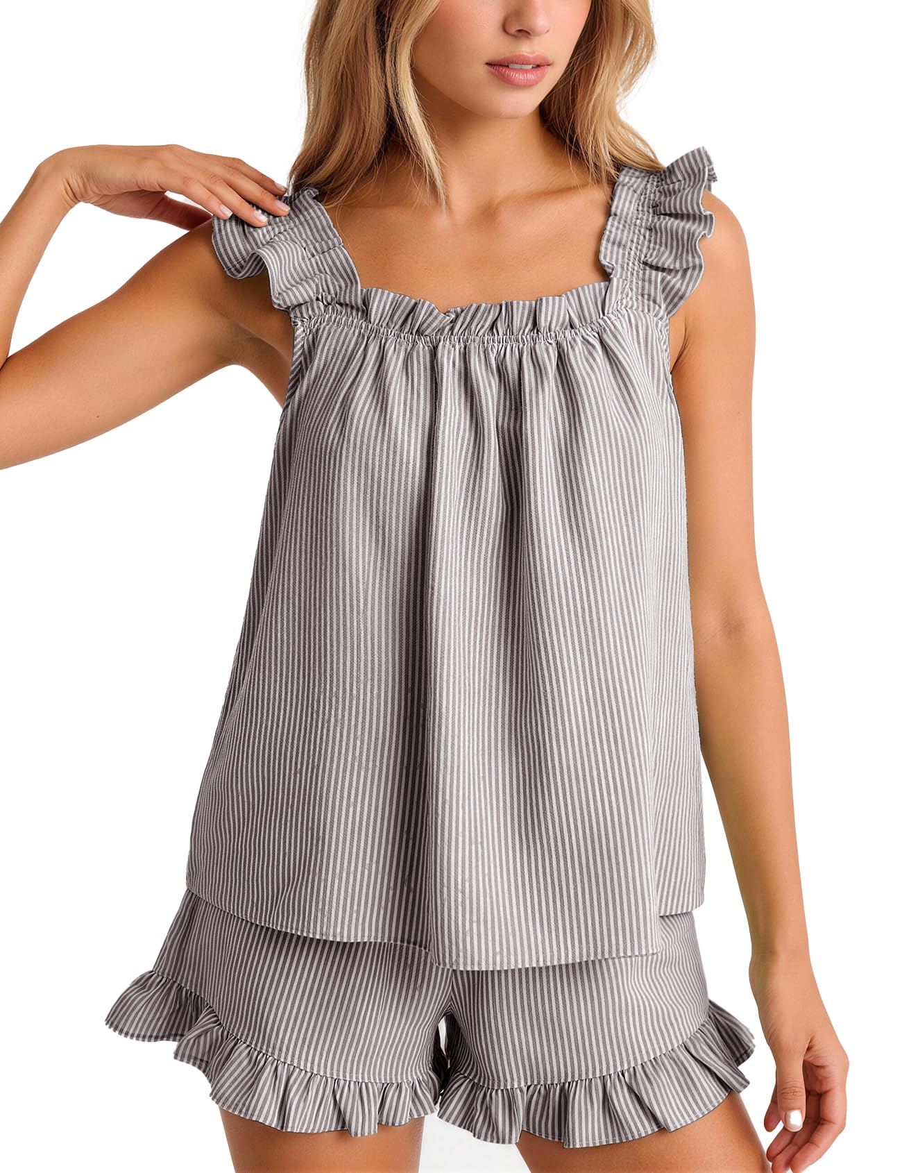Flygo Striped Pajamas Set for Women Cotton 2 Piece Lounge Sets Ruffle Cami Top and Shorts Cute Summer Pj Sleepwear