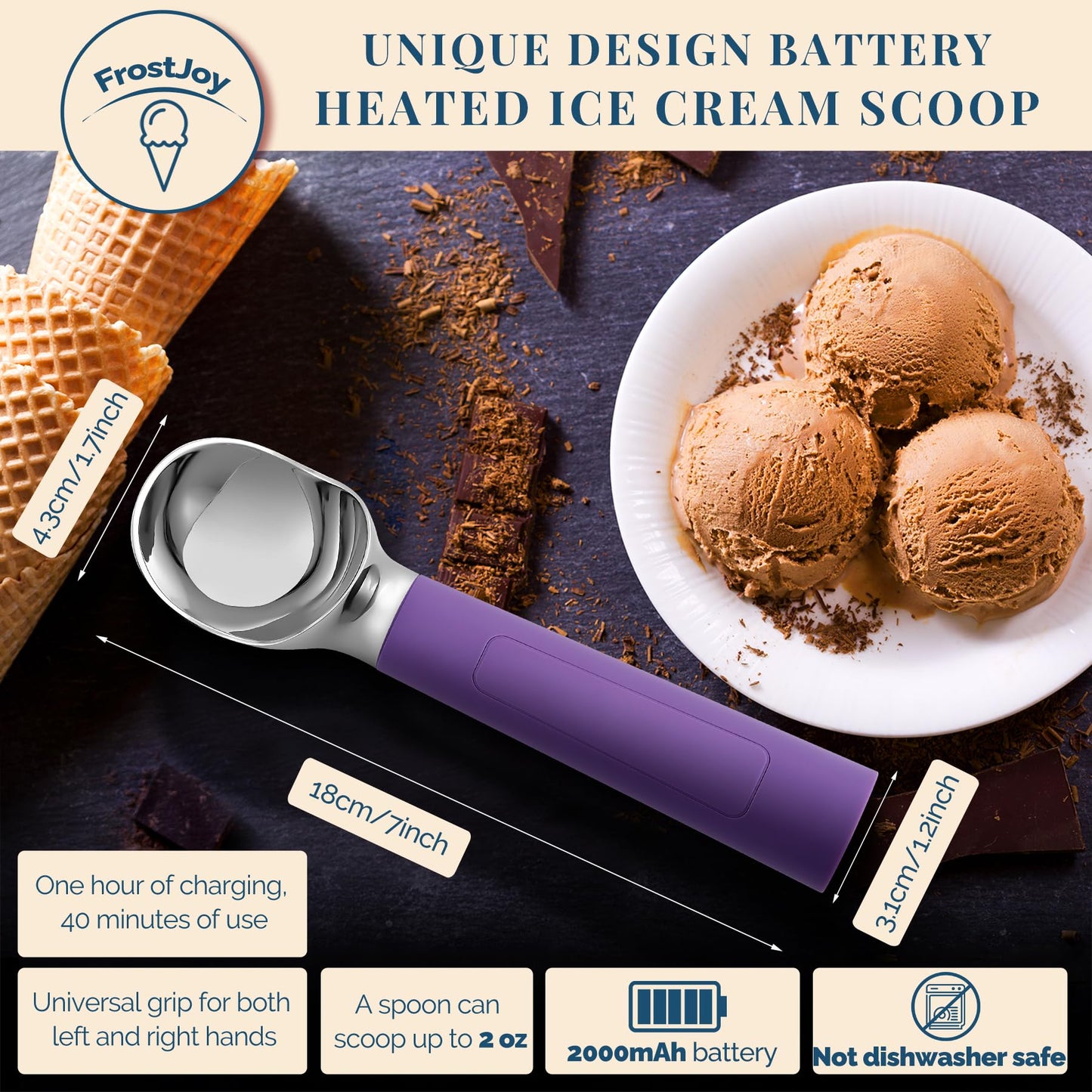 Heated Ice Cream Scoop Rechargeable, Electric Warming Ice Cream Scooper with LED Display, Heats to 158°F for Hard Ice Cream, Easy for Seniors & Kids, IP67 Waterproof (White, 2 oz)
