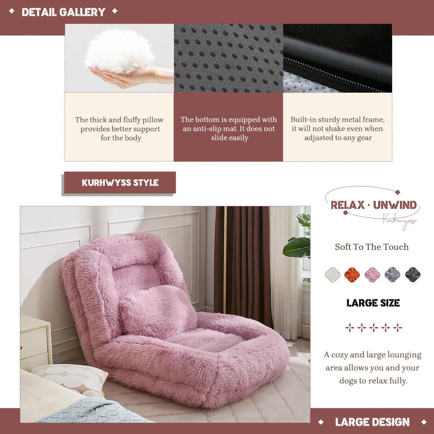 Upholstered Convertible Lounge Chair with 2 Soft Pillows