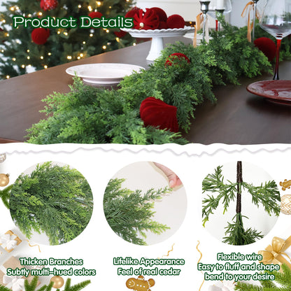 2PCS 9FT Christmas Cedar Garland Artificial Realistic Green Faux Real Touch Winter Pine Garland for Mantle Fireplace Wall Table Indoor Outdoor Decorations