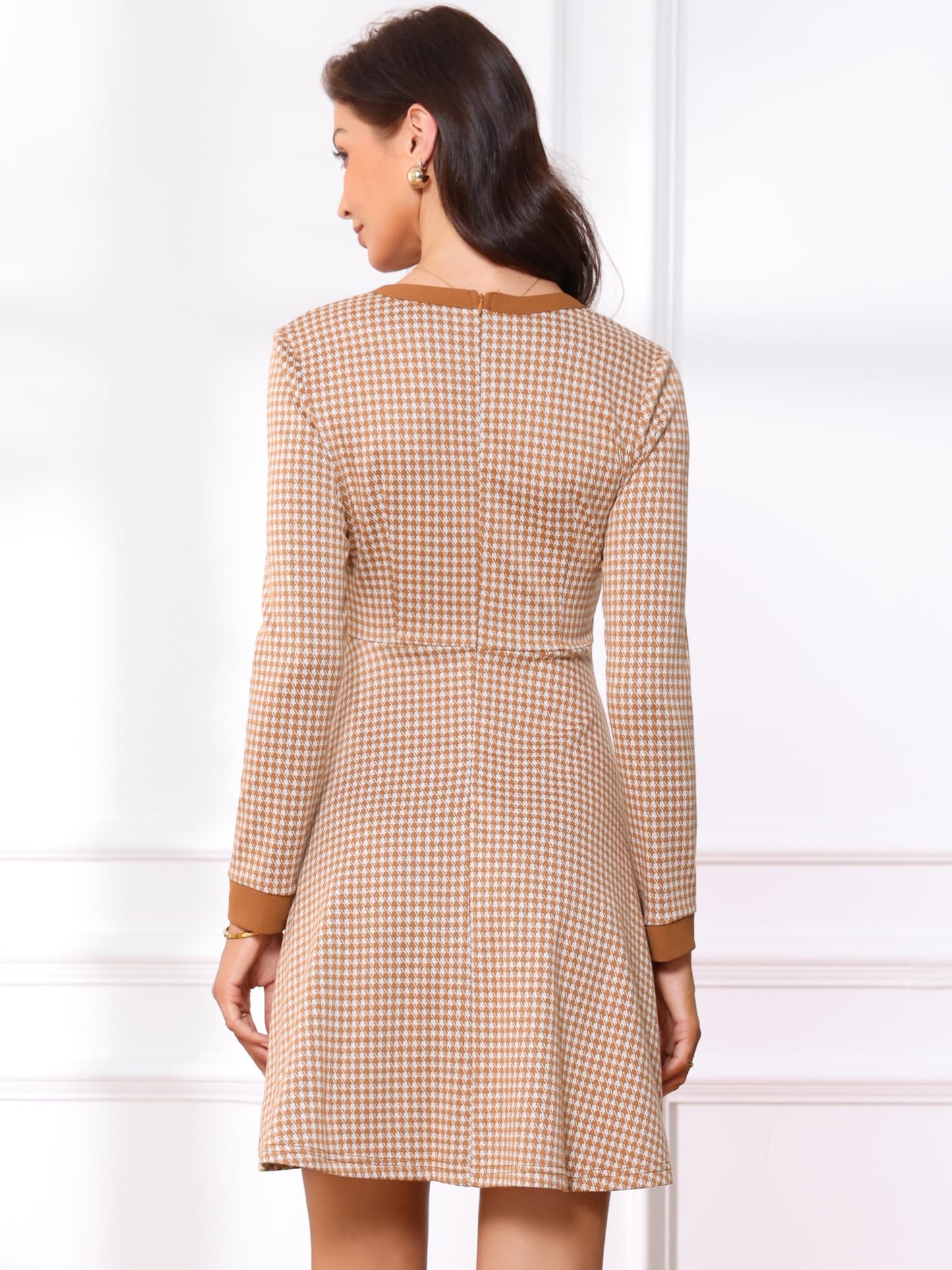 Allegra K Women's Houndstooth Plaid A-Line Elegant Business Work Dress