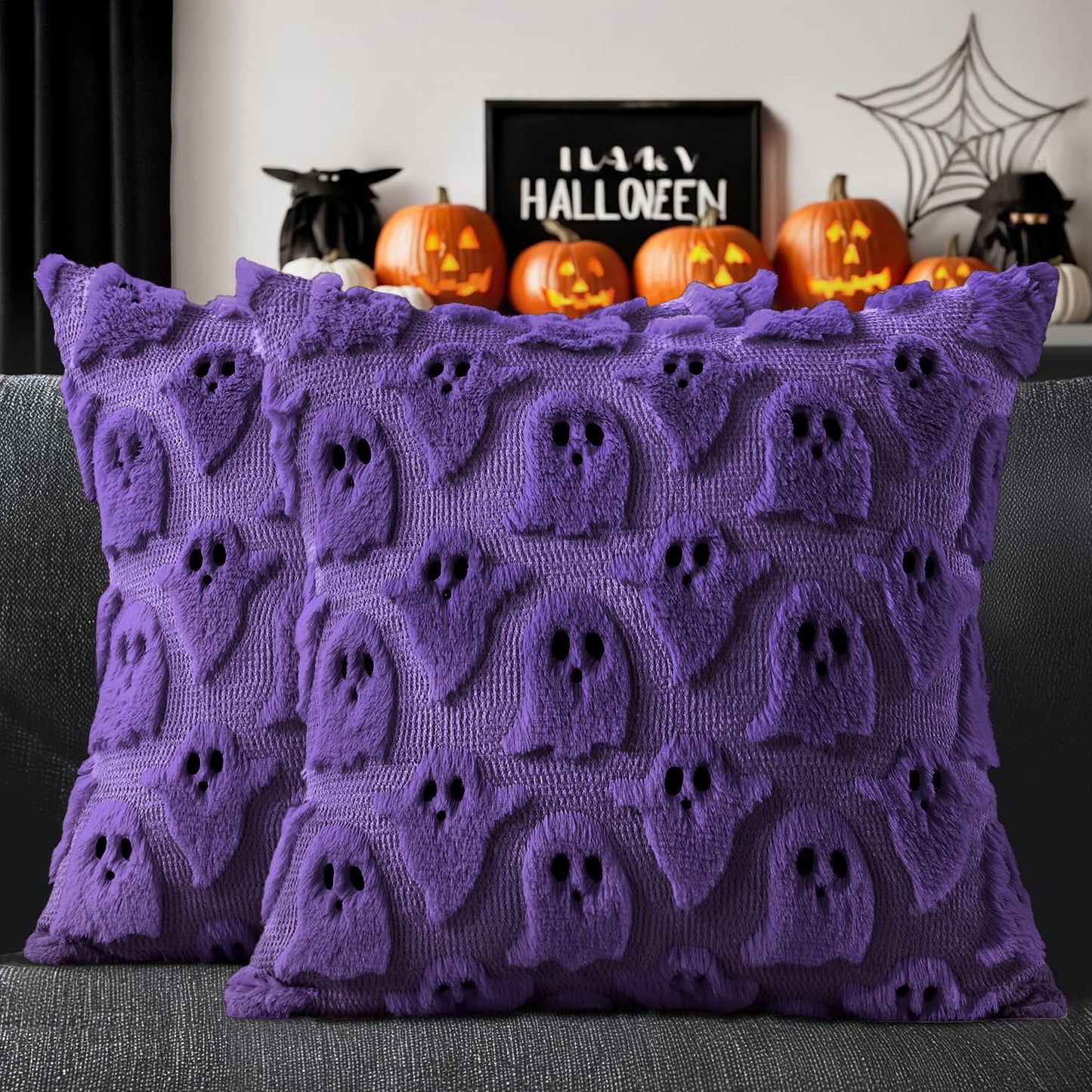 MIULEE Cute Ghost Halloween Pillow Covers 20x20 Inch Set of 2 White | Soft Plush Faux Fur Throw Pillows Spooky Fall Decorative Cushion Covers for Couch Sofa Bed Porch Living Room