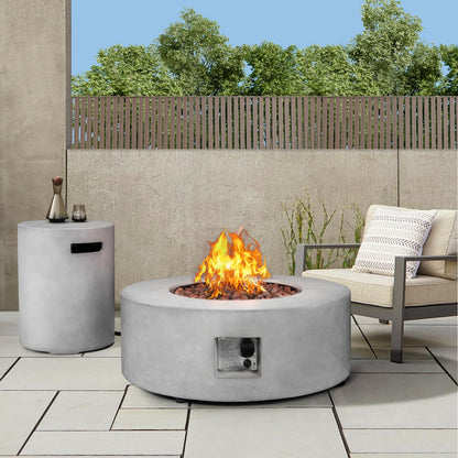 31.5 Inch Round Propane Fire Pit Table - Concrete Round Fire Bowl 50,000 BTU Natural Gas Firepit Burner with Steel Lid, Lava Rocks, Waterproof Cover for Outside Patio, Backyard, Party