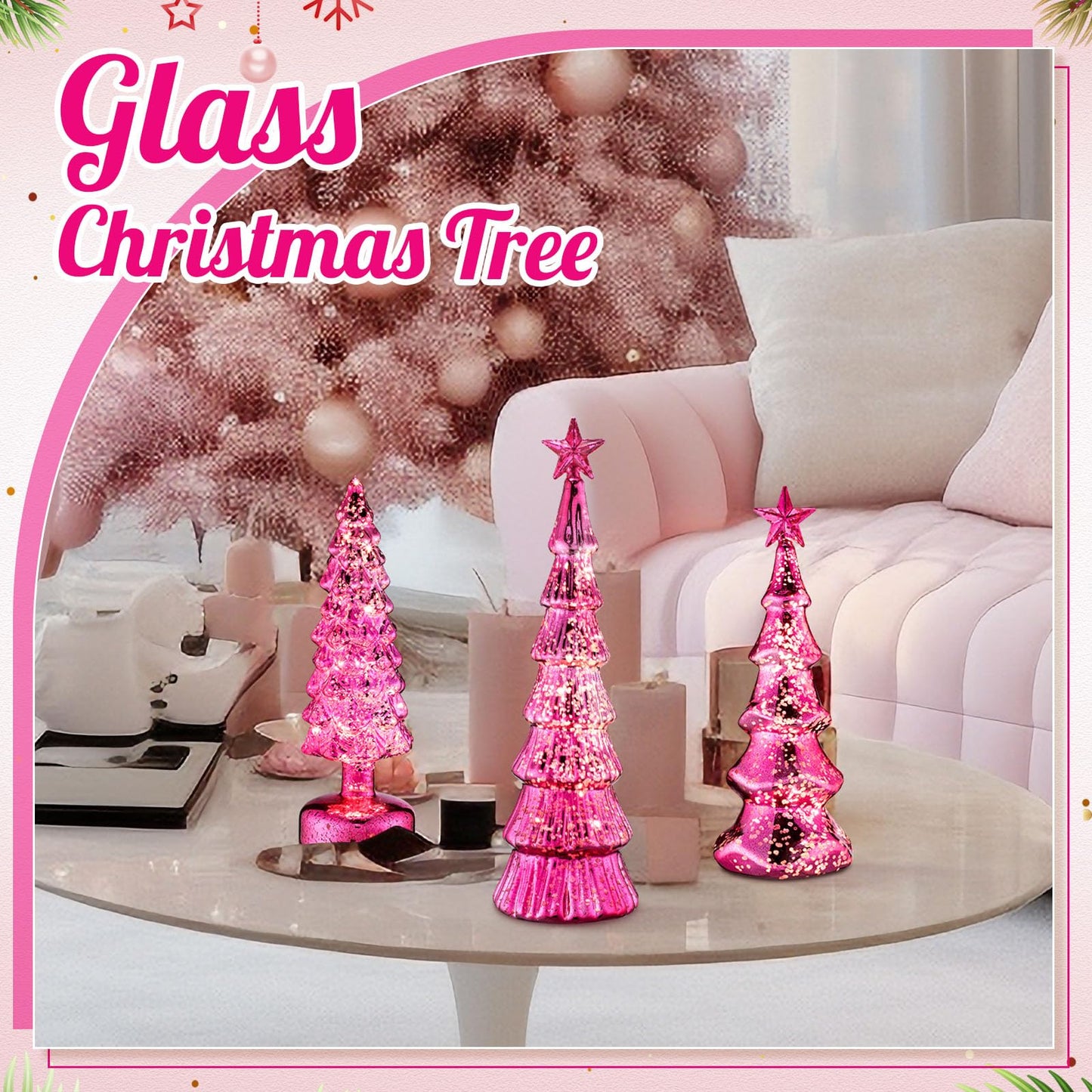 Funnymoom 3 Pack Glass Christmas Trees Decor Lighted Christmas Tree Tabletop Glitter Centerpiece Decoration Glass Xmas Tree Figurines Holiday Ornament for Table Mantle Fireplace(Gold,Classic)