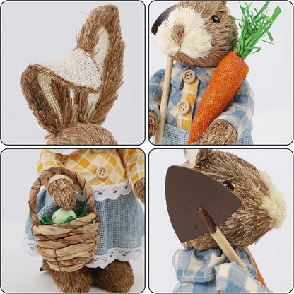 DR.DUDU Set of 2 Easter Decorations 13" Bunny Figurines Tabletop Spring Decor, Rustic Straw Bunny Couple with Carrot, Sisal Rabbit Statues Ornaments for Table Home Office Kitchen Farmhouse