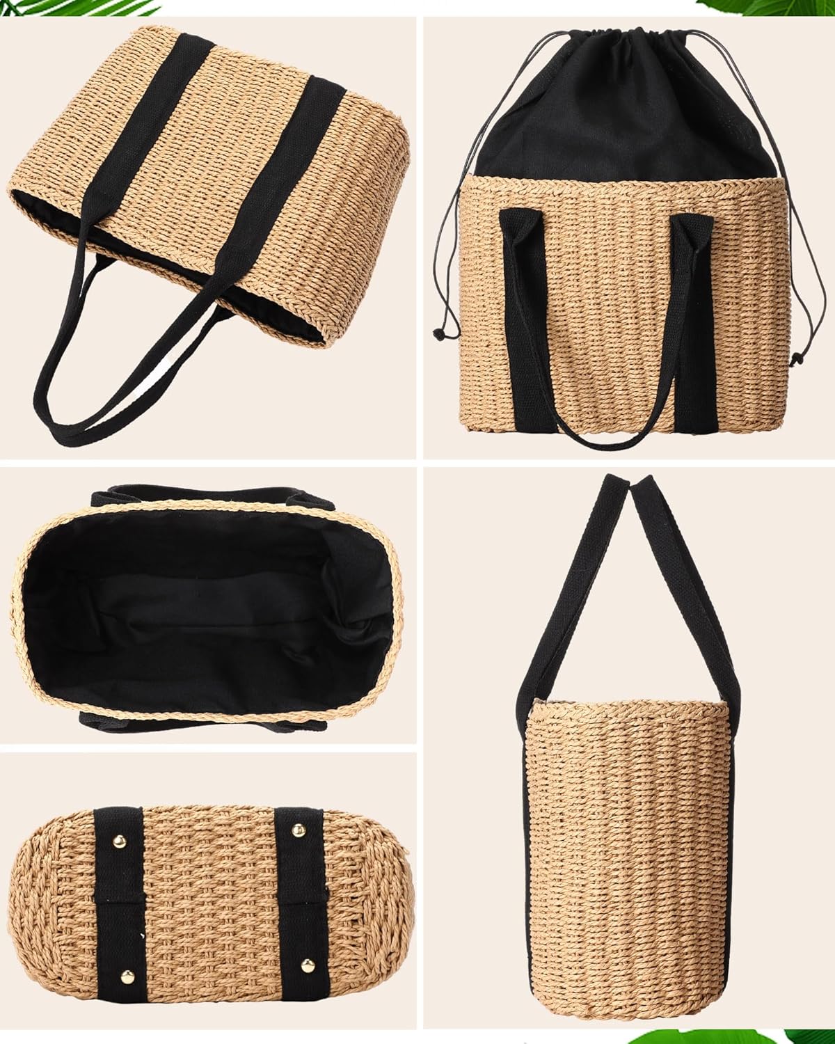 Glitopper 4 Pcs Straw Bag Woven Bag and Rattan Wicker Hat Tassel Earrings Set
