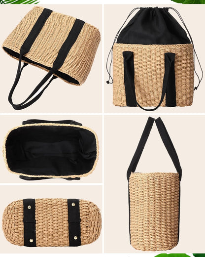 Glitopper 4 Pcs Straw Bag Woven Bag and Rattan Wicker Hat Tassel Earrings Set