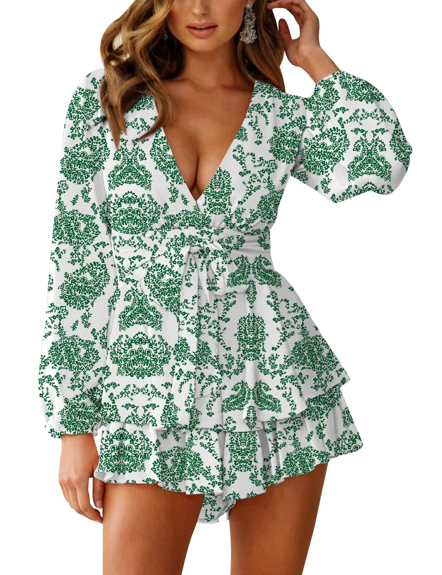 AIMCOO Women's Floral Print Deep V-Neck Romper Double Layer Ruffle Hem Jumpsuits Long Baggy Sleeves Waist Tie Short Rompers