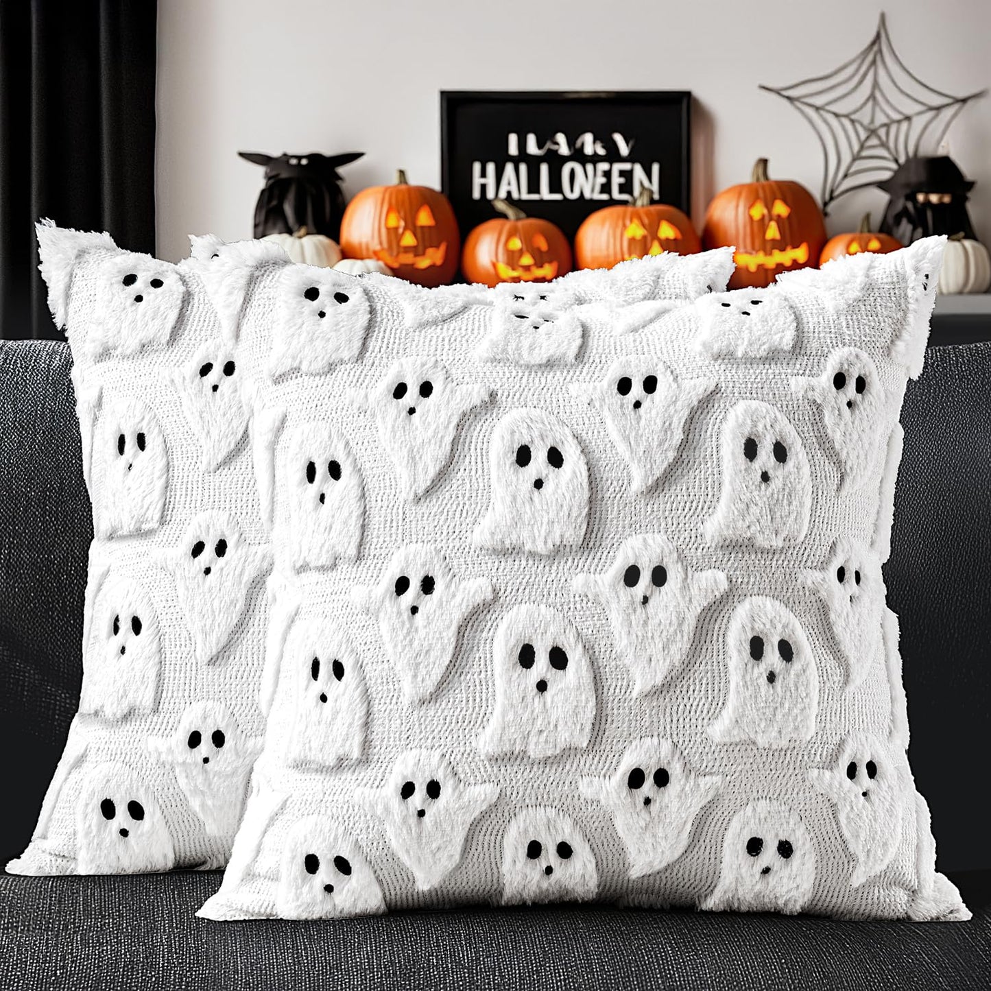 MIULEE Cute Ghost Halloween Pillow Covers 20x20 Inch Set of 2 White | Soft Plush Faux Fur Throw Pillows Spooky Fall Decorative Cushion Covers for Couch Sofa Bed Porch Living Room