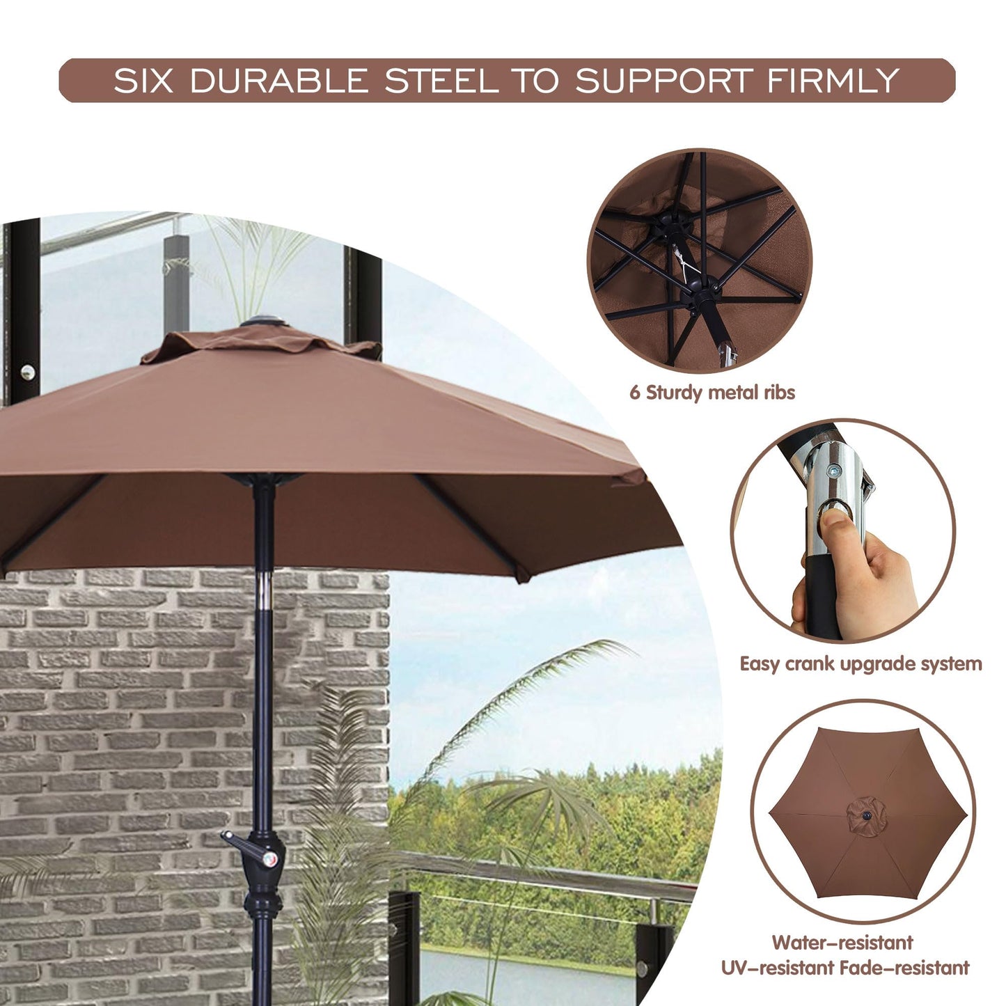 GDY 7.5ft Tassel Patio Umbrella and Matching Base, Outdoor Table Umbrella with 18 LED Lights,Market Umbrella with 6 Sturdy Ribs, with Push Button Tilt and Crank, Bright White