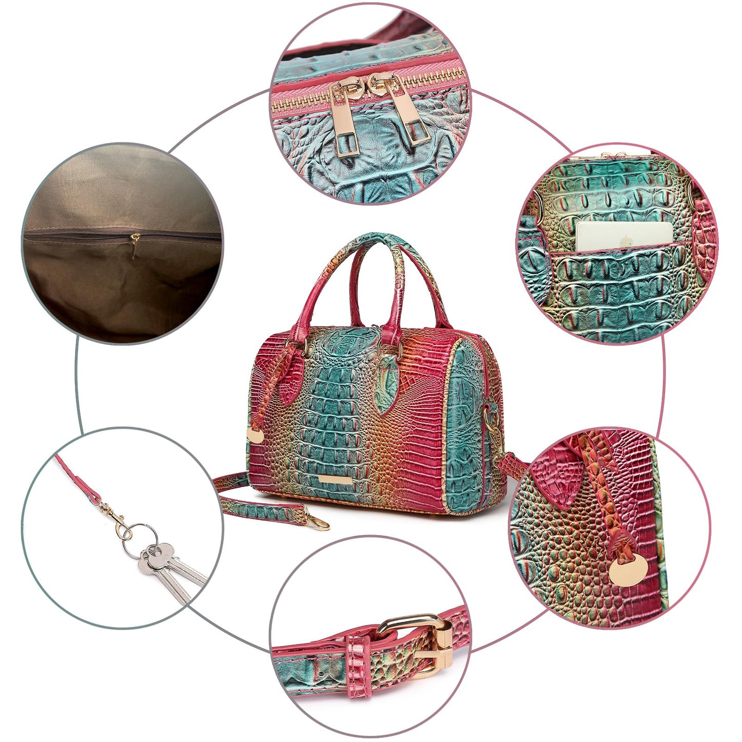 Makcr Joacbv Crocodile Handbag for Women Top Handle Leather Shoulder Purse | Glossy crocodile-embossed vegan leather with rolled handles, buckle details, a structured dome shape, and adjustable strap.