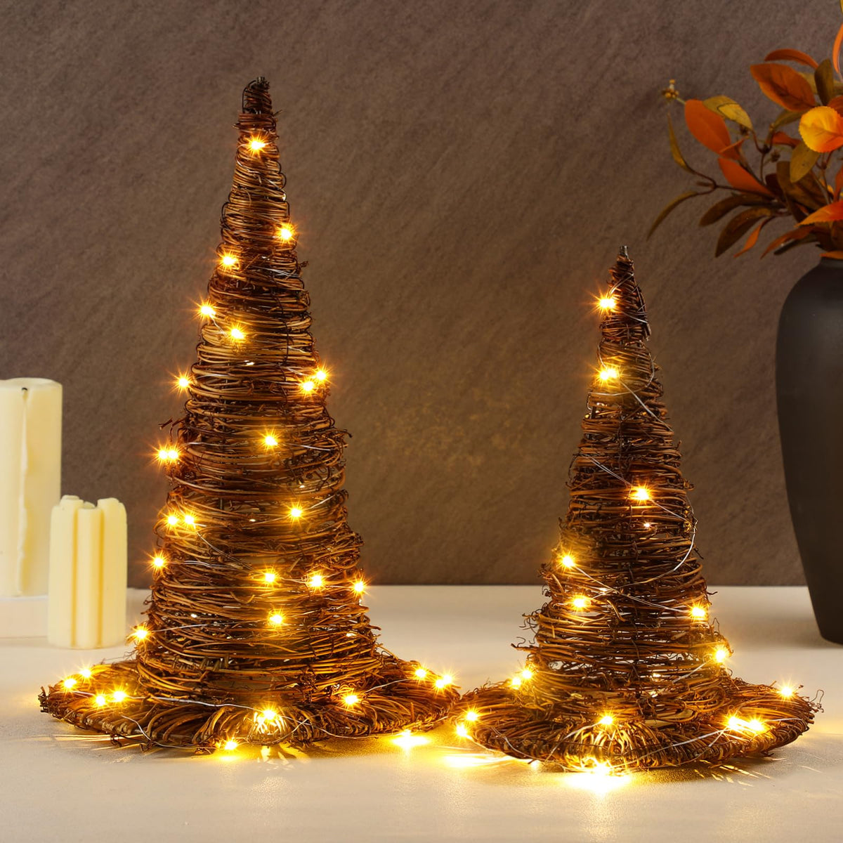 Leinuosen 2 Pcs Halloween Rattan Witch Hat Decor with String Lights Wicker Wizard Hats Woven Witch Hat for Indoor Outdoor Halloween Party Supplies Home Bedroom Garden Patio Backyard Decoration