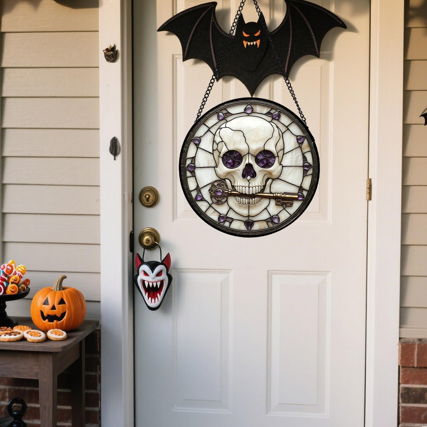 Stained Glass Window Hanging - Halloween Red White Scary Pumpkin Suncatcher for Doors Garden Home Spooky Rattan Sun Catchers Gothic Decor Horror Gifts for Women Men Friend Boy Girl 15 in
