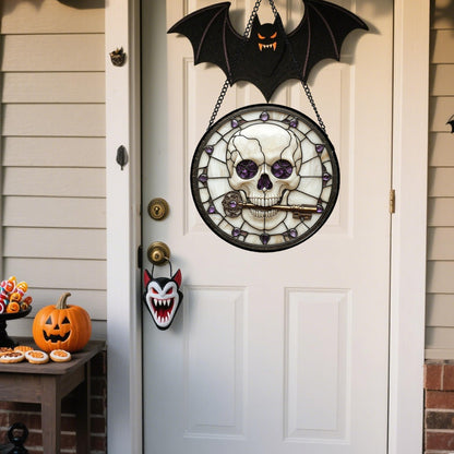 Stained Glass Window Hanging - Halloween Red White Scary Pumpkin Suncatcher for Doors Garden Home Spooky Rattan Sun Catchers Gothic Decor Horror Gifts for Women Men Friend Boy Girl 15 in