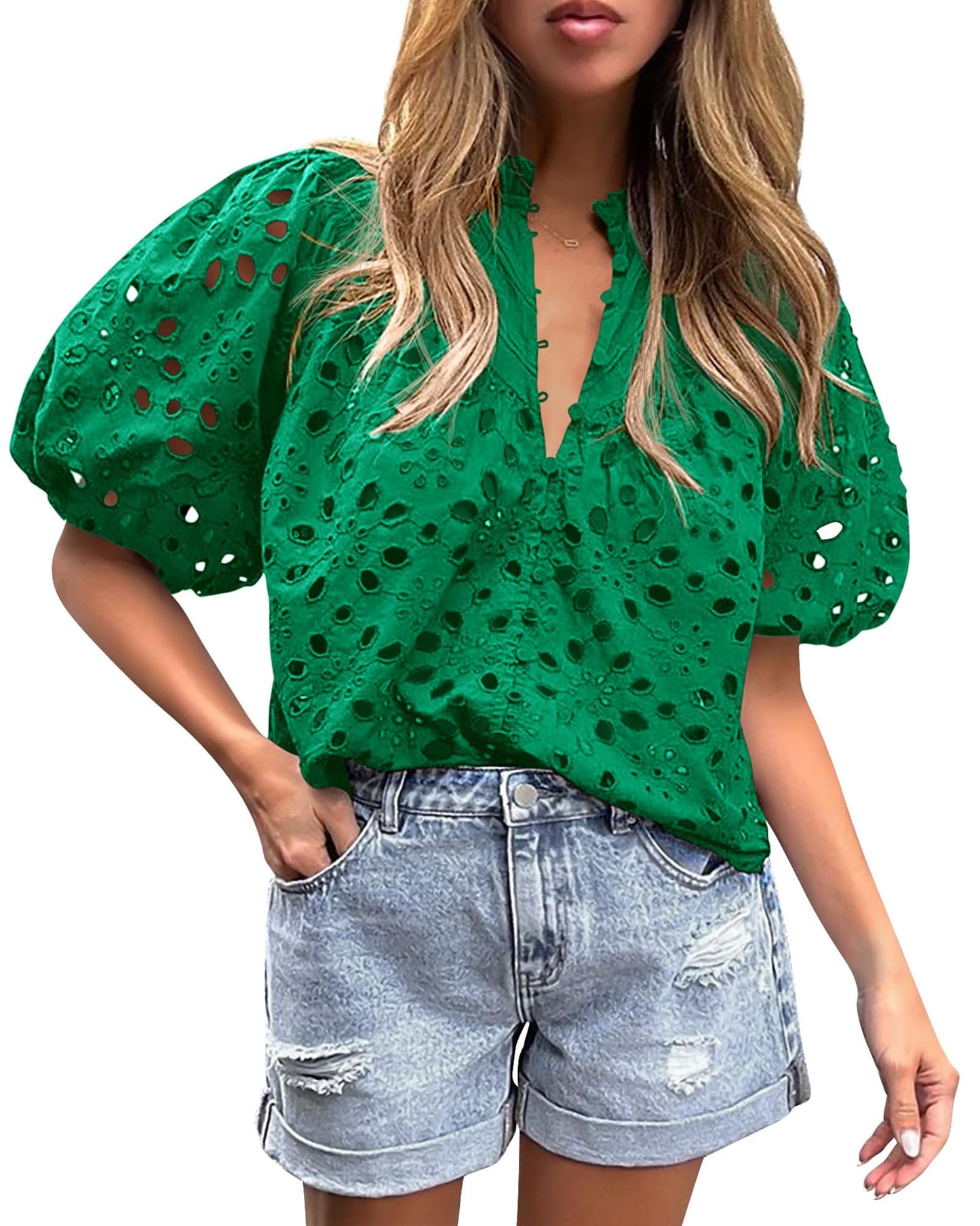 PRETTYGARDEN Womens Tops Boho Eyelet Puff Sleeve Blouse