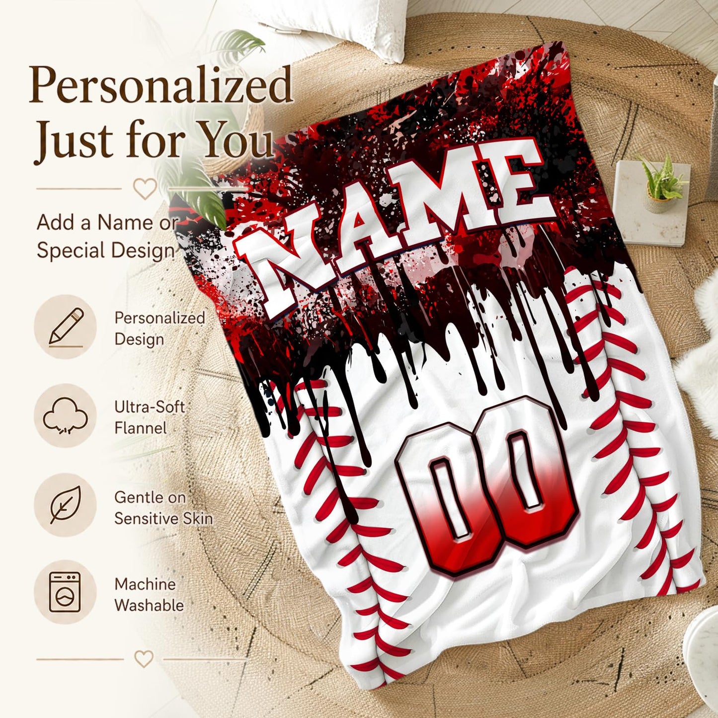 Kids Blanket Custom Baseball Blankets, Splashed Ink Throw Bed Travel