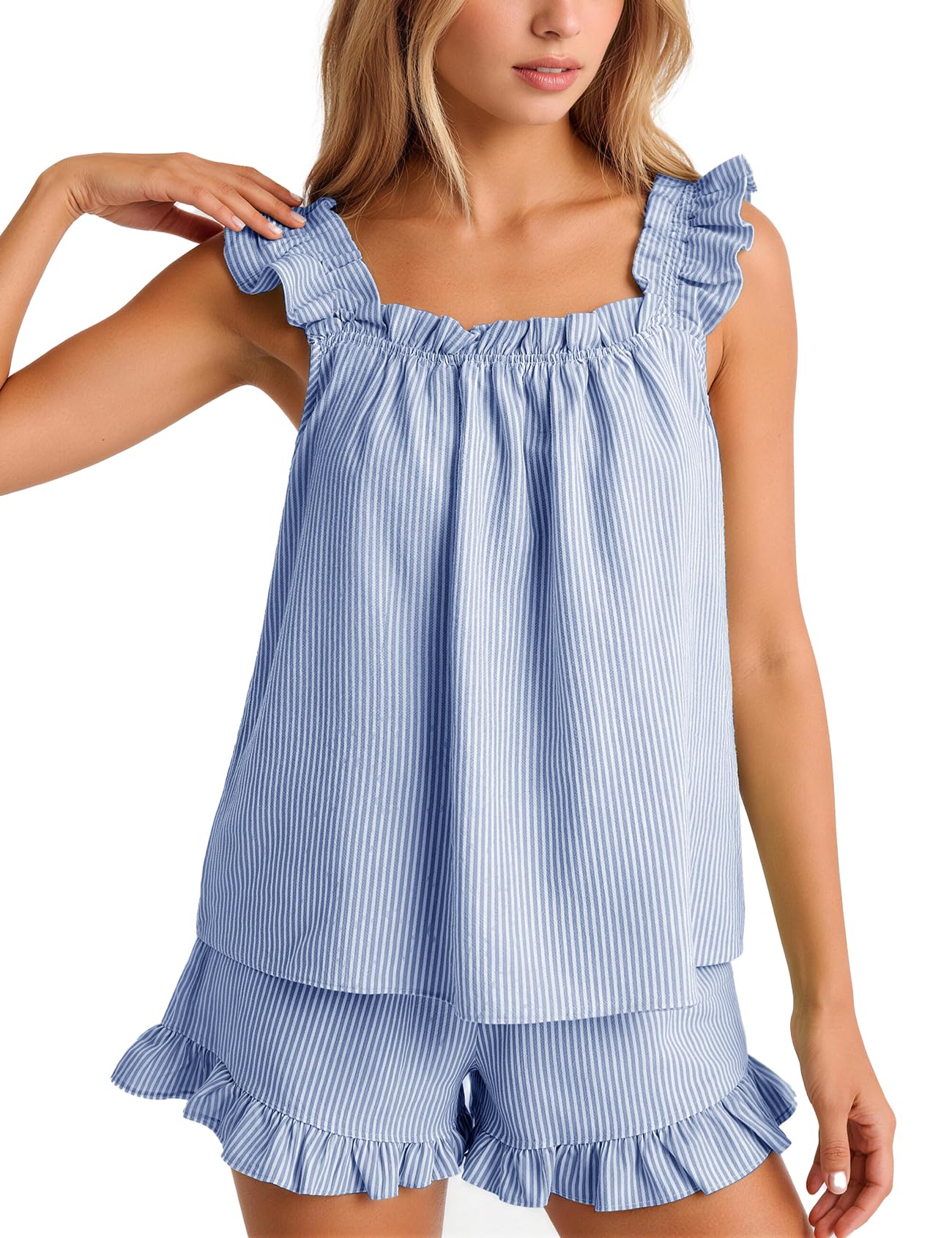 Flygo Striped Pajamas Set for Women Cotton 2 Piece Lounge Sets Ruffle Cami Top and Shorts Cute Summer Pj Sleepwear