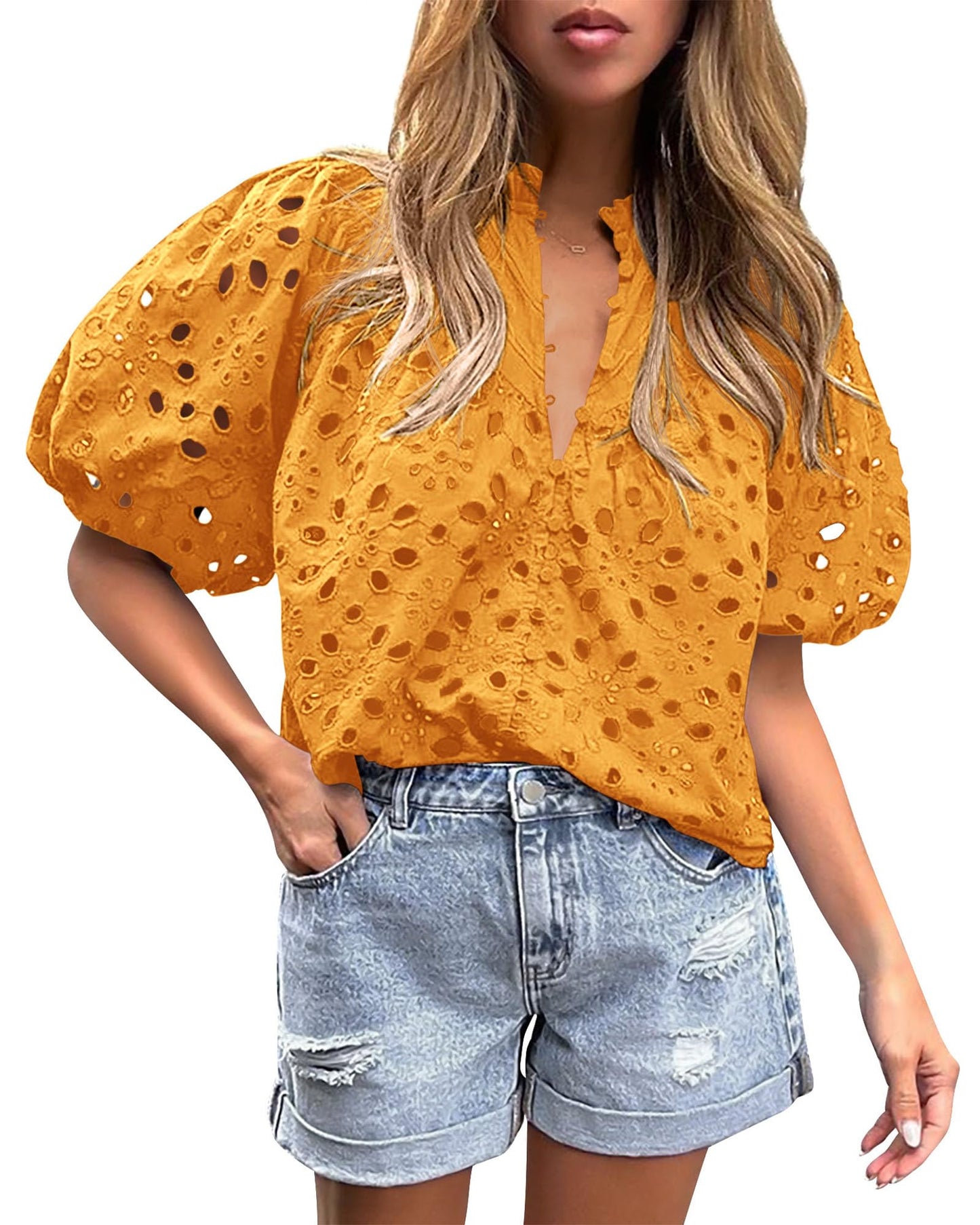 PRETTYGARDEN Womens Tops Boho Eyelet Puff Sleeve Blouse