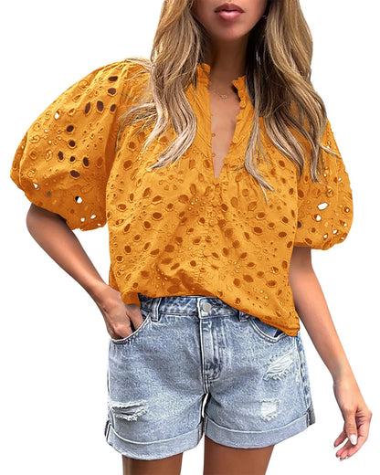PRETTYGARDEN Womens Tops Boho Eyelet Puff Sleeve Blouse