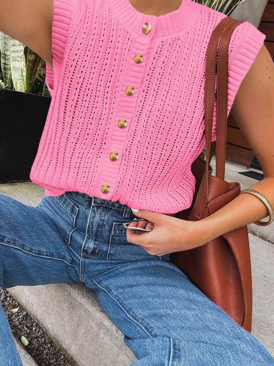 Saodimallsu Womens Sleeveless Sweater Vest Button Down Crochet Cardigan | Sweater Vest,Crochet,Summer Knit Tank Top,Sleeveless,Trendy Going Out Tops