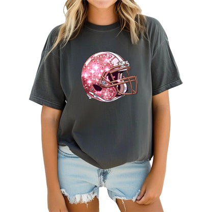 Pink Football Helmet Faux Glitter Shirt for Women and Teens Girly Football Fan Oversized Tee