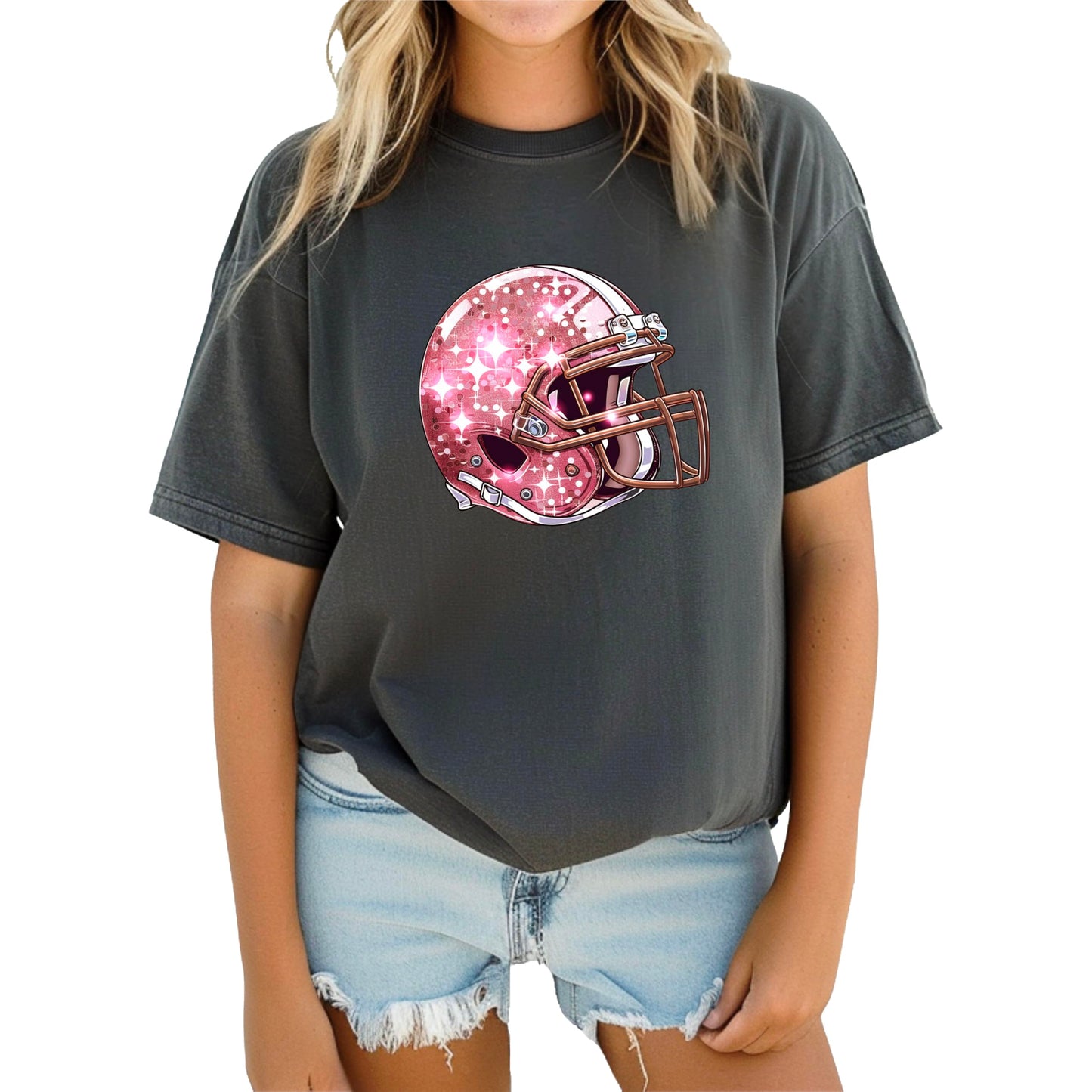 Pink Football Helmet Faux Glitter Shirt for Women and Teens Girly Football Fan Oversized Tee