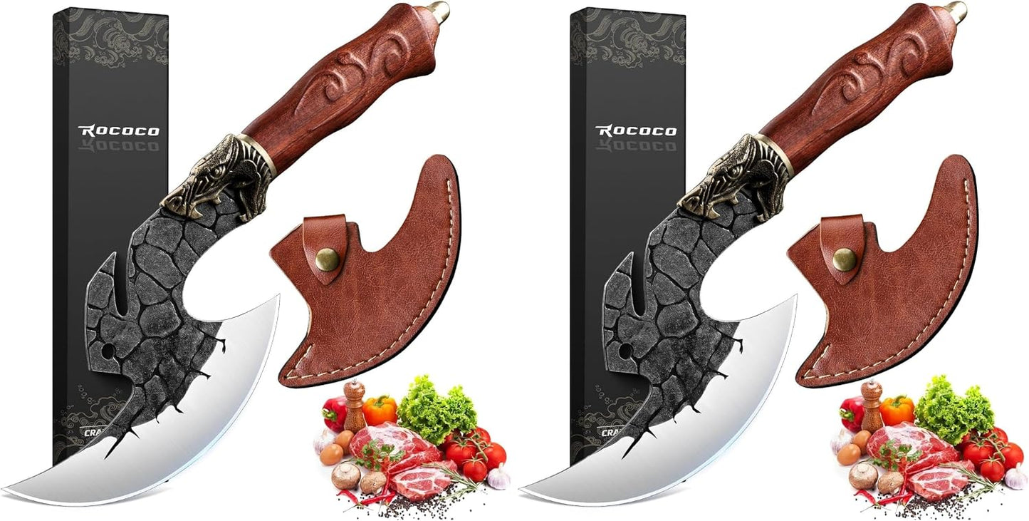 ROCOCO Viking Cleaver Knife Birthday - Kitchen Axe & Sheath Father Gift Men | Hand Forged High Carbon Steel Butcher Meat Cutting Boning Knife for Home Outdoor BBQ Camping Chirstmas Mother