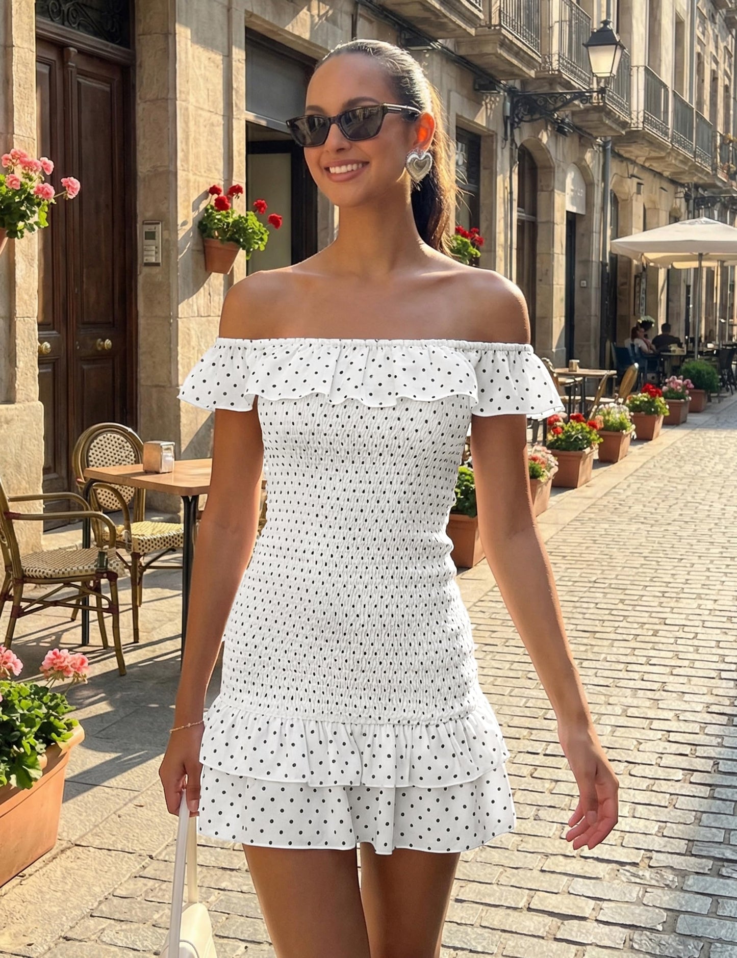 FOMELY Women's Polka Dot Off Shoulder Mini Dress Summer Ruffle Hem Smocked Bodycon Vacation Short Dresses 2026