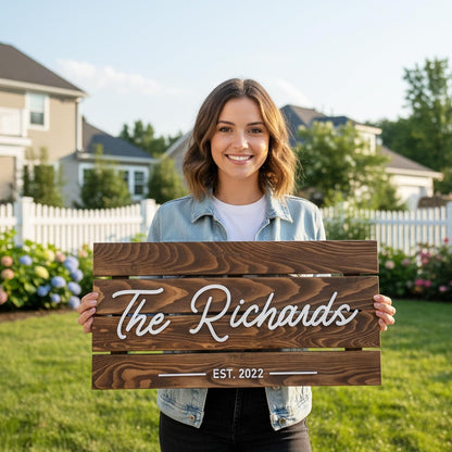Wooden Name Sign Personalized and Custom, Solid Rustic Wood, Wedding Gifts for Couples, Home, Office, Family Last Name Established Signs, Est. Date Sign 28x13" (Large)