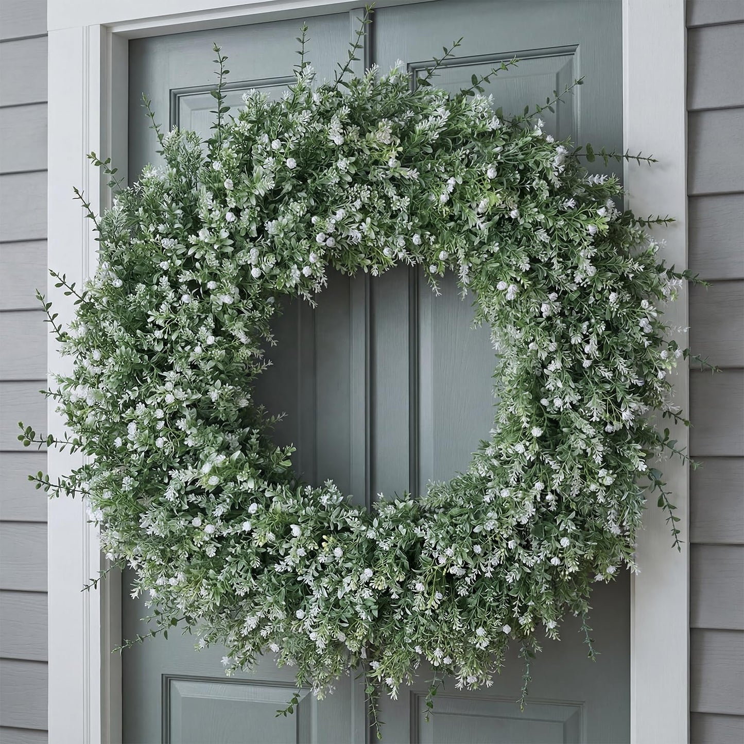 32" Large Artificial Eucalyptus Wreath for Front Door(White-Green) | Weather Resistant,Lifelike Eucalyptus Lavender with Babys Breath Flowers Wreath,for Home Farmhouse Wall Year-Round Use Decor