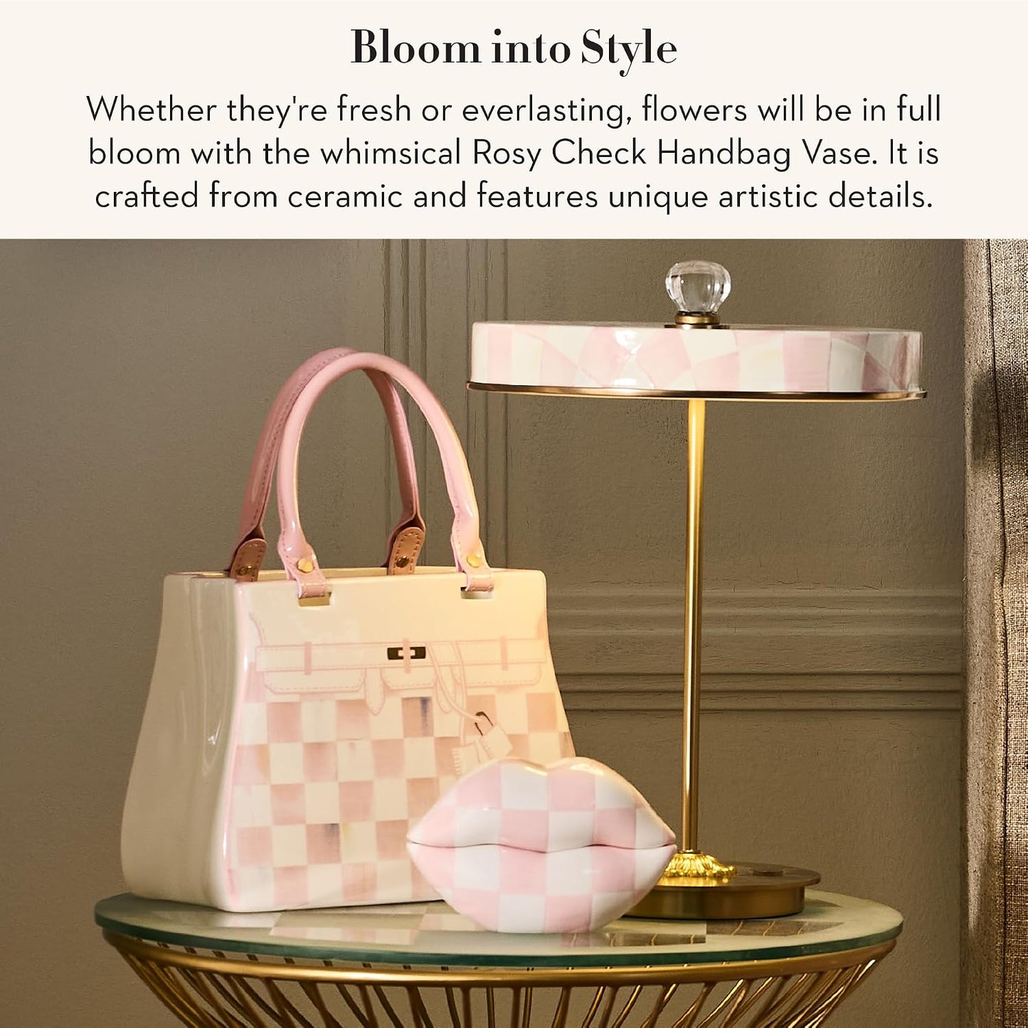 MACKENZIE-CHILDS Ceramic Handbag Vase, Pink-and-White Rosy Check Doodles | Hand-painted design, unique flower vase decor, bouquet holder for living room, 5" W x 10.5" L x 12" H